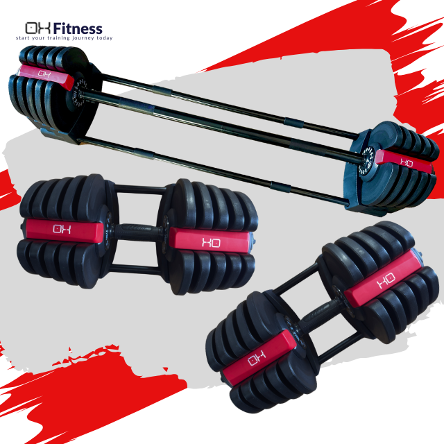 x2 40KG Adjustable Dumbbells Set & Barbell. 2-in-1 (80Kg total)