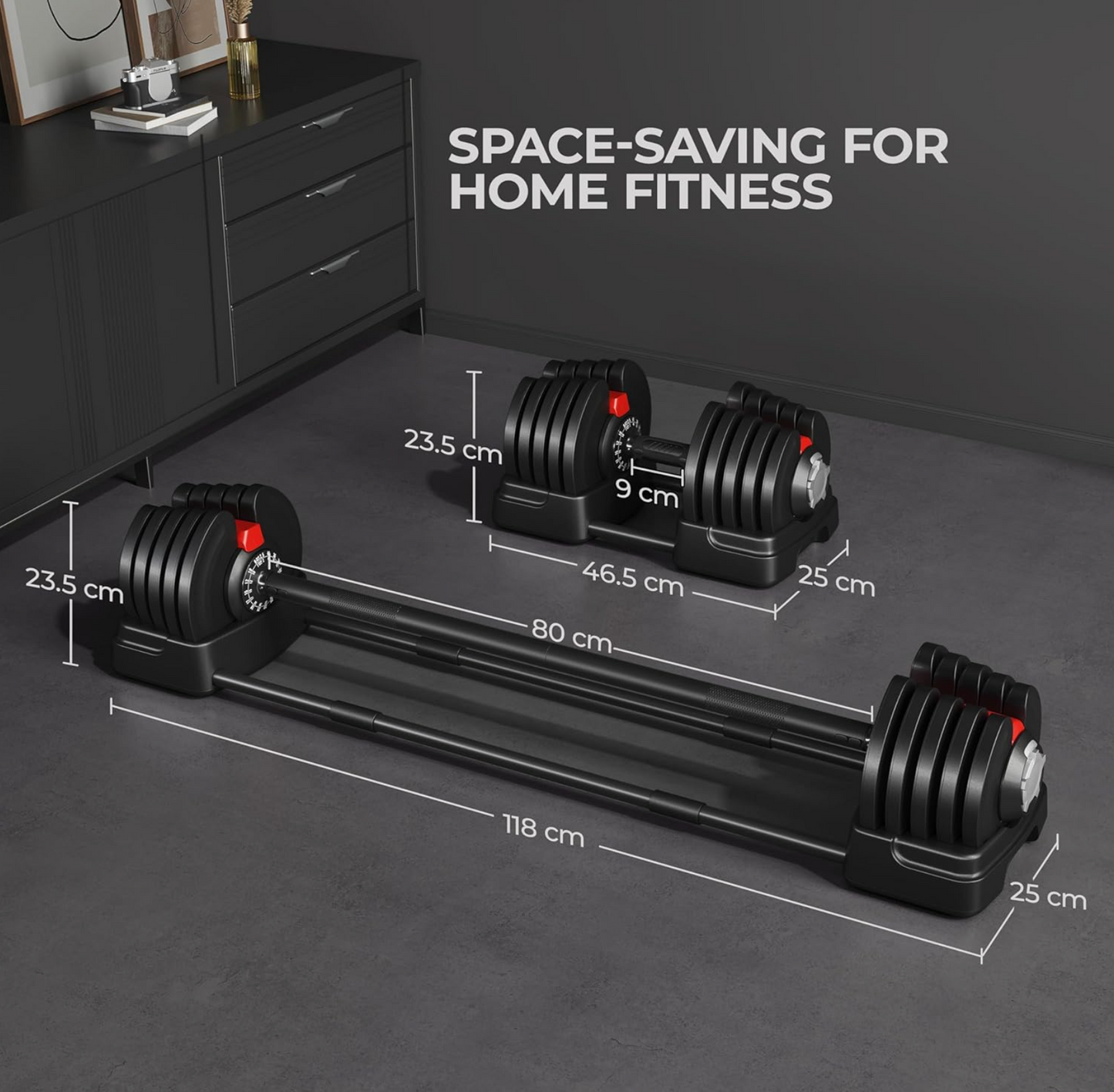 40KG Adjustable Dumbbells Pair. 80KG total weight + Barbell. 2-in-1