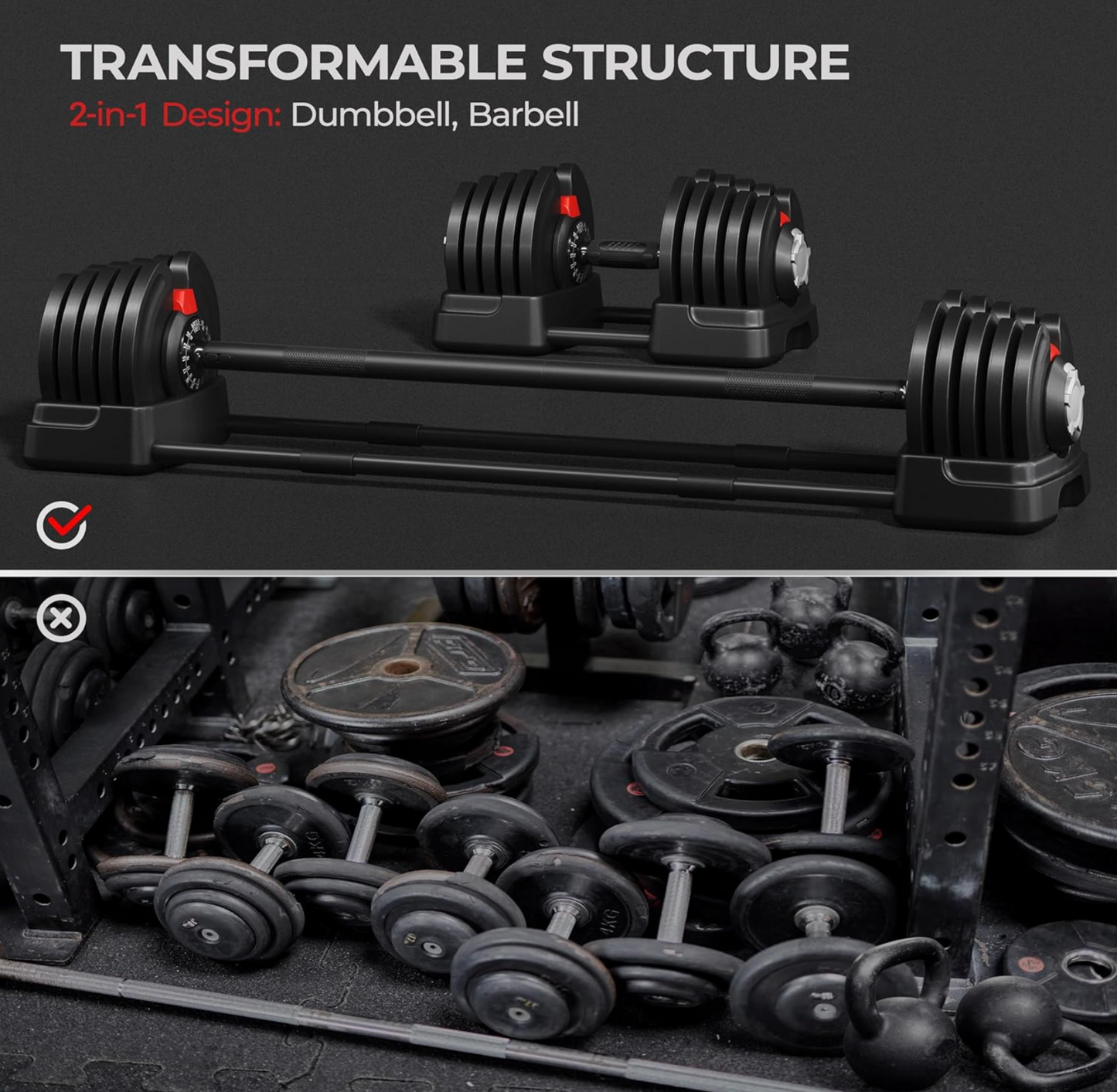 40KG Adjustable Dumbbells Pair. 80KG total weight + Barbell. 2-in-1