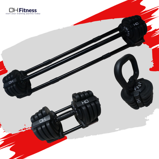 OXi+ | 19KG 3-in-1 Adjustable Dumbbell, Barbell & Kettlebell | Steel Changeable Weight Set